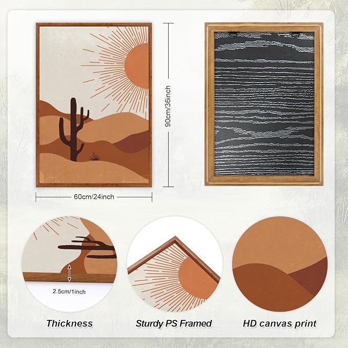 LHIUEM Boho Desert Framed Canvas Wall Art,Abstract Sun Moon Wall Decor,Modern Cactus Landscape Painting,Mid Century Southwestern Artwork for Living Room,Bedroom,Dining Room -24"x36"x3