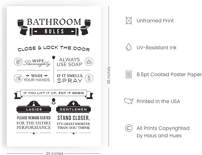 HAUS AND HUES Funny Bathroom Rules Wall Art – Toilet Rules Poster, Humorous Bathroom Sign, Funny Wall Decor for Restroom or Guest Bath (24x36, Unframed)