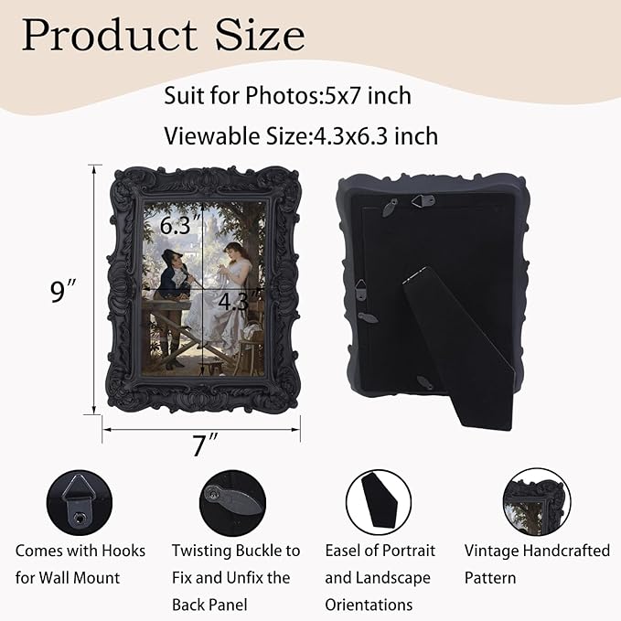 Antique Picture Frames 5x7 Vintage Victorian Ornate Picture Frames with Front Glass Wall Mount and Tabletop Gothic Home Decor Retro Gallery Wall Decor,1 Pack,Black