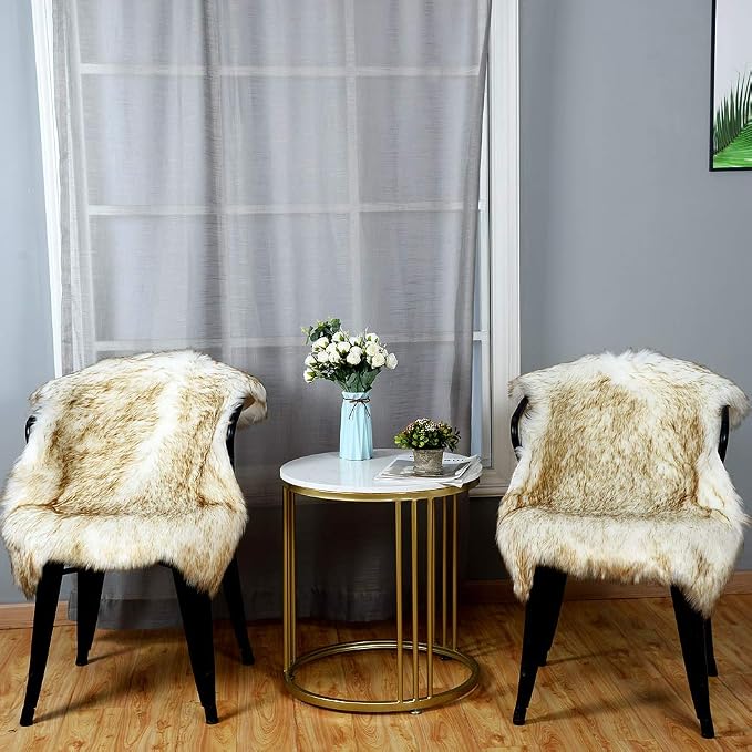 Carvapet 2-Piece Faux Sheepskin Chair Cover Set - White Brown Tips Luxury Plush Fur Seat Cushion, 2x3ft Symmetrical Bedside Rug 2-Pack for Sofa Bed