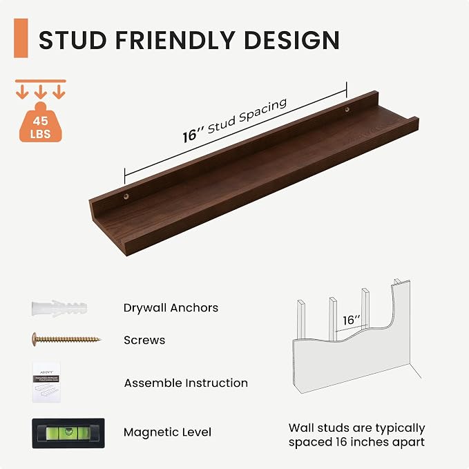 FLYJOE Picture Ledge Shelf for Wall, 24 inch Solid Ash Wood Nursery Book Shelves 2 Packs, Floating Shelves for Kids' Room Bedroom Bathroom Living Room Photo Frames Office Nursey Wall Decor, Walnut