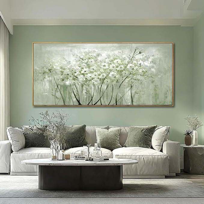 MLART99 Soft Green and White Floral Canvas Extra large Flower Wall Art Texture Botanical Print Plant Posters- 32x70 Inch Modern Home Decor for Living Room Entryway