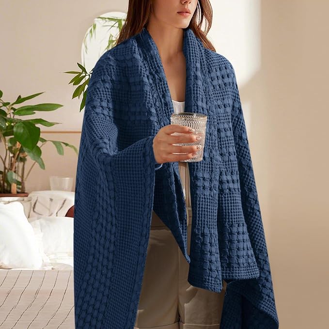 PHF 100% Cotton Waffle Throw Blanket for Couch, Lightweight Breathable and Soft for Summer, Luxury Aesthetic Waffle Weave Blanket for Home Decor & Office, Gifts for Women, 50"x60", Bright Navy
