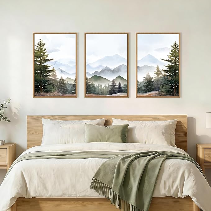 KAIRNE Misty Mountain Landscape Framed Canvas Wall Art Set, Nature Forest Wall Decor, Green Pine Tree Art Prints, Modern Foggy Woodland Artwork for Living Room,Bedroom,Farmhouse,Office-16 x24 x3