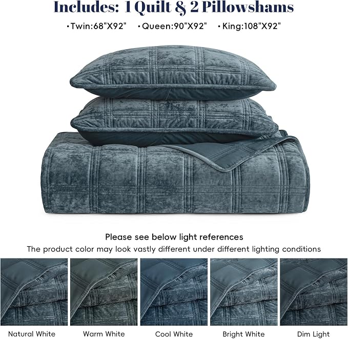 PHF Ultra Soft Velvet Quilt Set Queen Size – 3PCS Luxurious Cozy Quilted Comforter Alternative with Diamond Pattern, Warm Quilted Bedspread Coverlet, 90" x 92", Stormy Blue