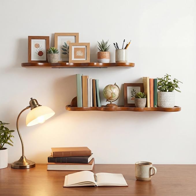 Pinkunn 2 Pcs Walnut Floating Shelves for Wall 24 Inch Wave Live Floating Shelf Wooden Live Edge Shelves Wall Decor for Bathroom Bedroom Living Room Office, Scalloped Mounted Display Hanging Shelf