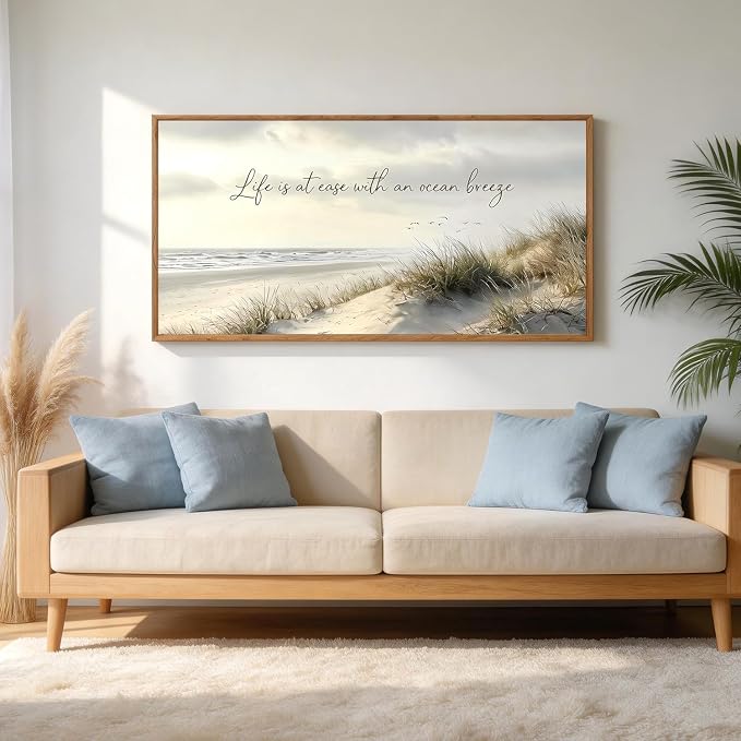 CHDITB Coastal Beach Landscape Wall Art Framed, Neutral Boho Pampus Grass Beachy Scenery Canvas Artwork, Large Nautical Ocean Waves Seascape Cozy Relaxing Calming Quotes Painting Decor for Bedroom Office (40"L x 20"W)