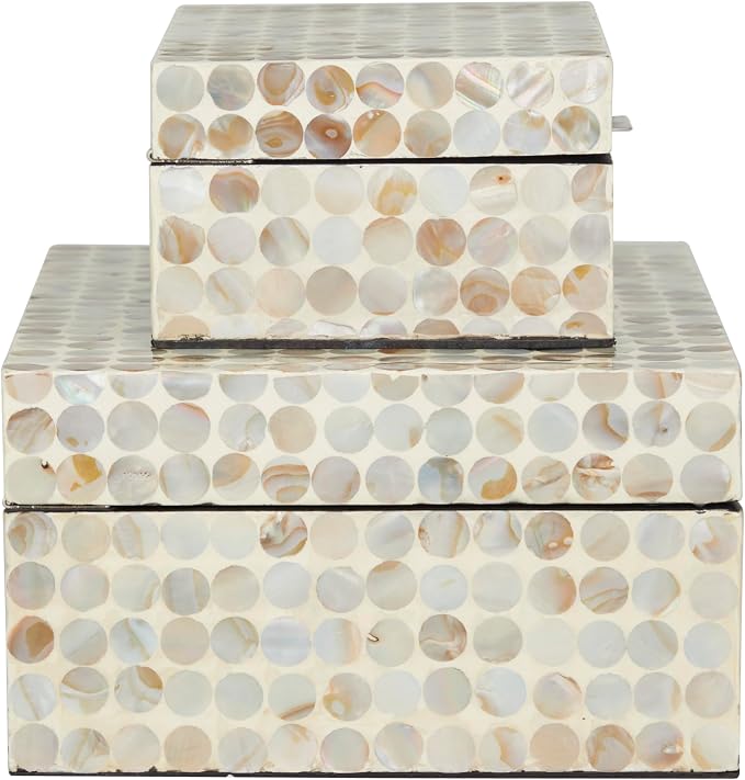 Deco 79 Mother of Pearl Shell Geometric Handmade Decorative Box Decorative Keepsake Boxes with Hinged Lid, Set of 2 Storage Boxes 12", 8"W, Cream