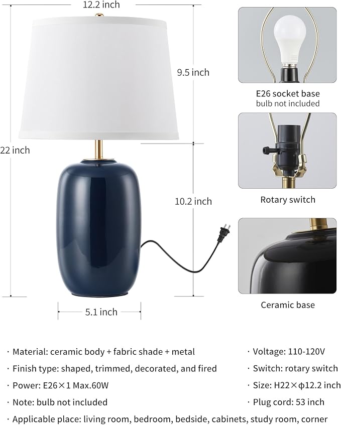 PUSU 22 Inch Blue Ceramic Table Lamps Set of 2, Fabric Lampshade Living Room Office Desk lamp, E26 Socket Rotary Switch Lighting for Bedroom, Nightstand, Reading, Office, Study, Corner, Home Decor