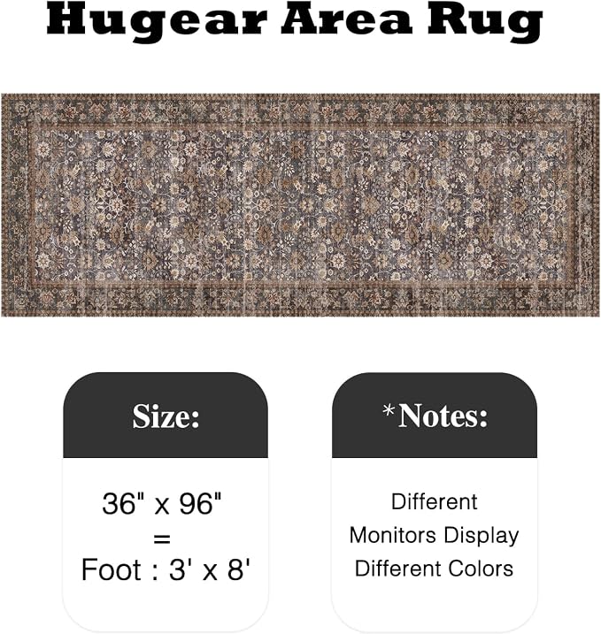 HUGEAR 3x8 Runner Rug Machine Washable Tradition Brown Hallway Area Rug Indoor Accent Rugs Floral Low Pile Carpet Soft Throw Rugs Bedroom Living Room Office Dining Kitchen Laundry Non Slip