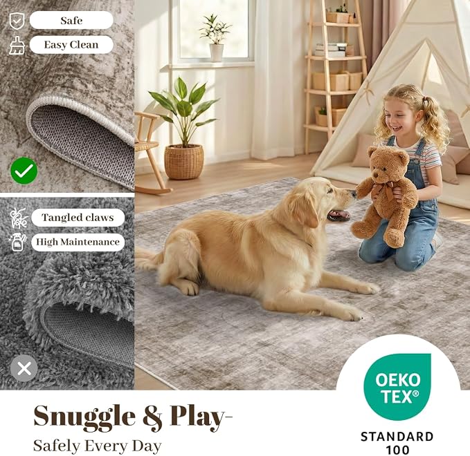 Homemate Washable Rug 4x6 Area Rugs - Vintage Faux Wool Rugs for Living Room Bedroom Dining Room - Non Slip Foldable Carpet Indoor Area Rug for Home Decor（4'x6', Brown