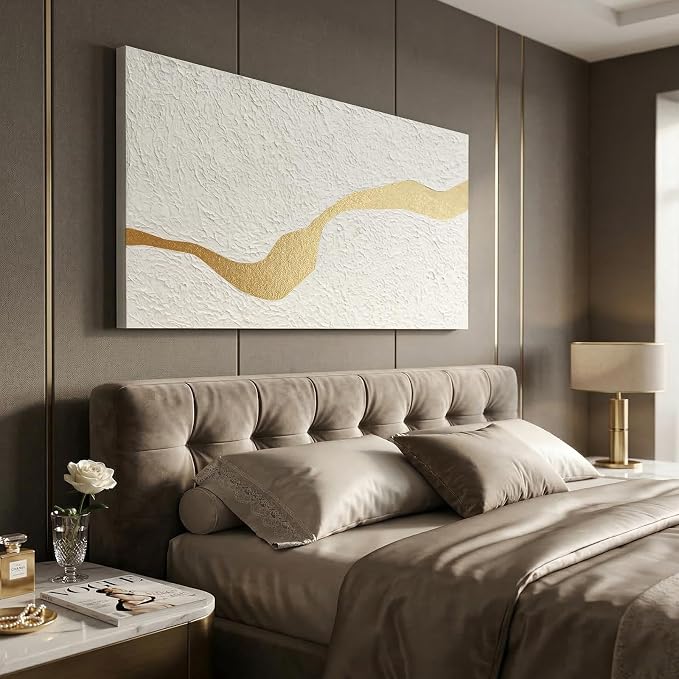 Large Horizontal Abstract White & Gold Textured Wall Art for Living Room | Modern Hand-Painted Oil Painting Artwork for Bedroom Office Dining Room, Original Contemporary Minimalist Wall Decor, Gifts