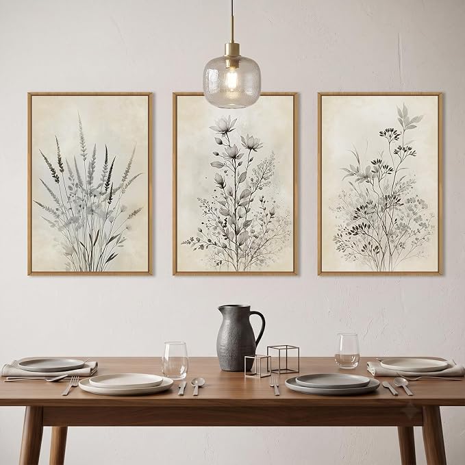 Large Neutral Flower Botanical Framed Canvas Wall Art,Boho Wildflowers Ink Wall Decor,Vintage Bouquet Wall Painting,Nature Artwork for Living Room,Bedroom,Dining Room,Office -24"x36"x3