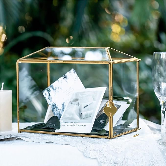 NCYP Small 10.2" x 5.9" x 7.9" Glass Cards Box with Slot and Lock for Wedding Reception - Home Birthdays Party Geometric Decorative, Gold - Slot Length 6.3 Inches (Glass Box Only)