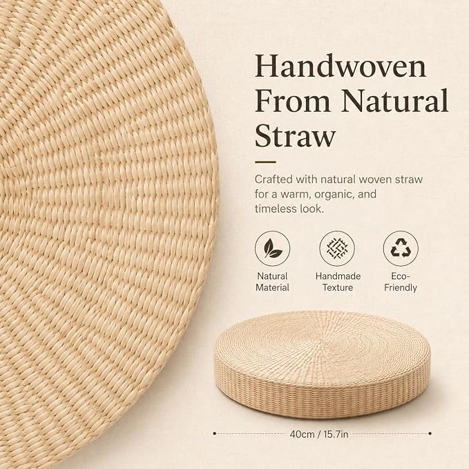 Round Tatami Floor Pillow, Handwoven Straw Cushion, Dia: 15.7" | Natural, Eco-friendly, Lightweight, Anti-Slip, Breathable, for Apartment Living Room Meditation Patio Outdoor Window Seat