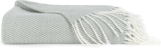 Linen Market Beddings Elevate Your Comfort with Herringbone Throw Blanket - Luxurious Woven Ultra Soft Acrylic - Sized 50" W x 60" L - Fringed Edges - Lightweight Layer for Bed or Sofa (Eucalyptus)