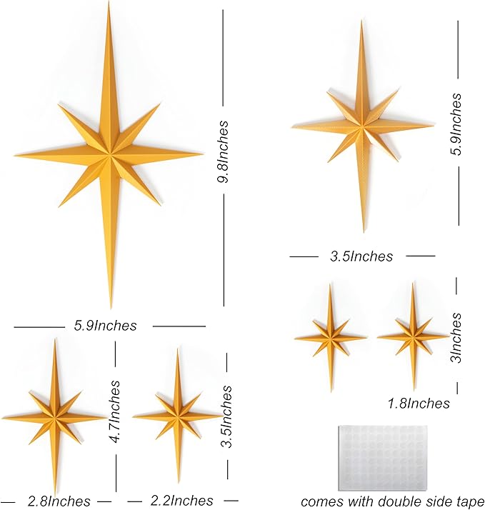 Stylor Mid Century Modern Decor, Gold Mcm Retro 3D Star Art Wall Sculpture, Plastic Starburst Decor, Vintage Celestial Whimsigoth Home Decor Accent. (Set of 6)