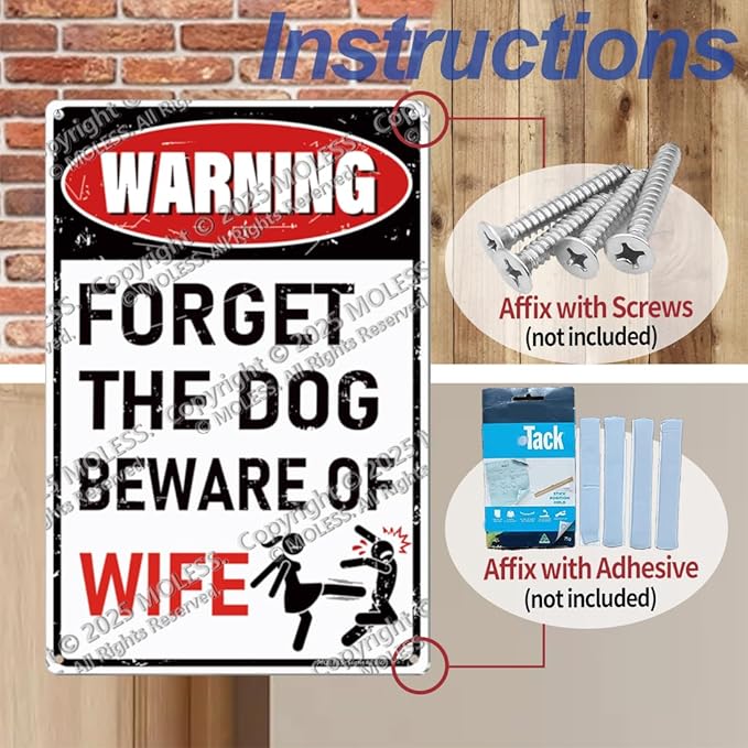 Vintage Man Cave Decor Signs – 'FORGET THE DOG BEWARE OF WIFE' | 12x8″ Funny Metal Sign for ManCave, Garage, or Workshop Wall Decor – Man Cave Accessories & Gifts for Men, 2360