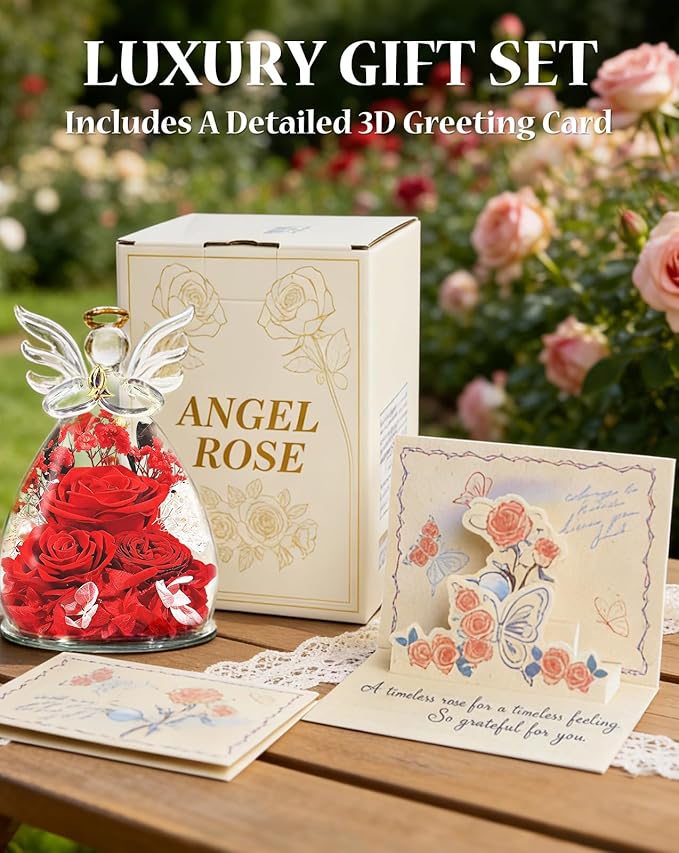 homeasy Flowers Gifts for Women Wife, Preserved Flowers Rose in Glass Angel Figurines, Birthday Anniversary Forever Fresh Flowers for Delivery Gift Box with 3D Card for Mom Her Girlfriend