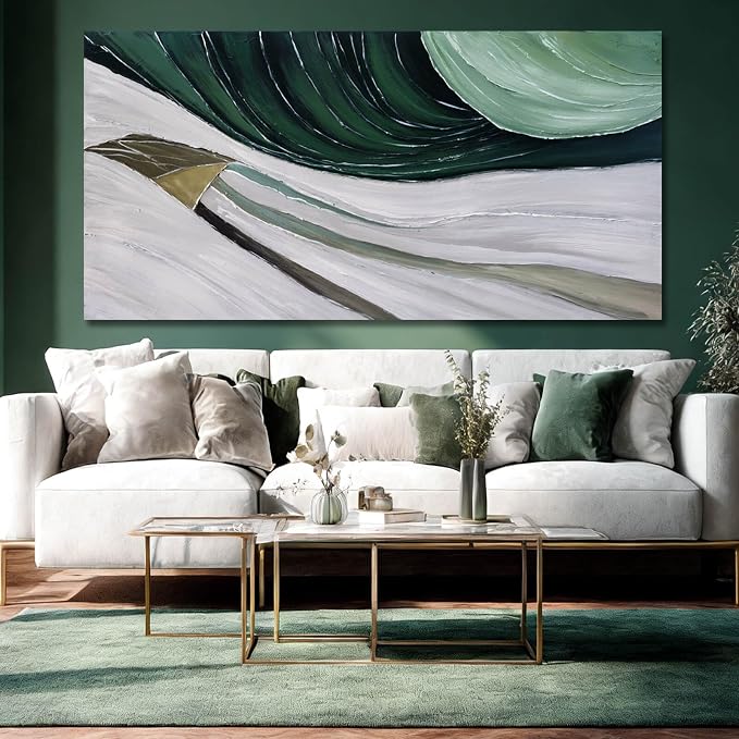 MLART99 Large Abstract Wave Painting Green and White Modern Canvas Wall Art Painted Line Texture for Bedroom Living Room Home Decor 29x58 Inch