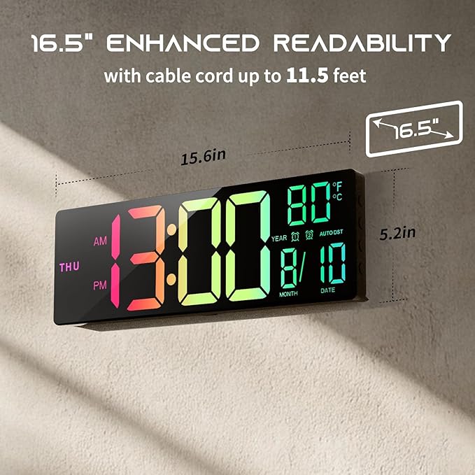EASYERA 16.5" Large Digital Wall Clock with BT Sync, RGB Lights with 11 Scenes Mode Remote Control, Dual Alarms with Big LED Display, Auto DST, Temperature for Classroom Gaming