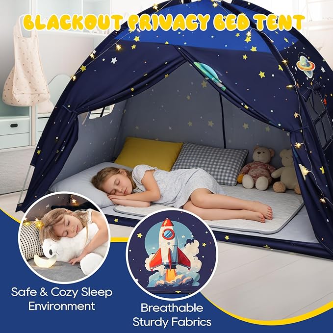 Redants Twin Bed Tent Canopy, Space Indoor Blackout Privacy Toddler Bed Tent for Kids with Light, Portable Sleeping Floor Kids Playhouse (Blue, Twin Size)