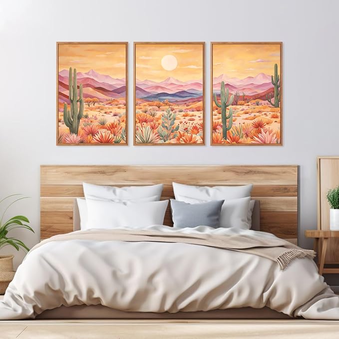 HOURIA 3Pcs Abstract Sunset Mountain Desert Cactus Canvas Wall Art (16"x24"), Vintage Southwest Landscape Arizona Wall Decor, Mid Century Modern Boho Wilderness Art Print for Office Farmhouse Living Room