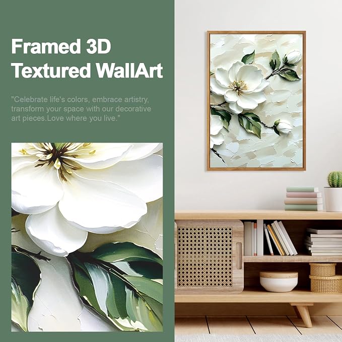 CHDITB 3D Neutral Beige Impasto White Magnolia Floral Textured Framed Canvas Wall Art Set, Minimalist Relief Wall Decor, Modern Texture Art Prints for Living Room Hallway Bedroom Home Decor 24"x36"x3