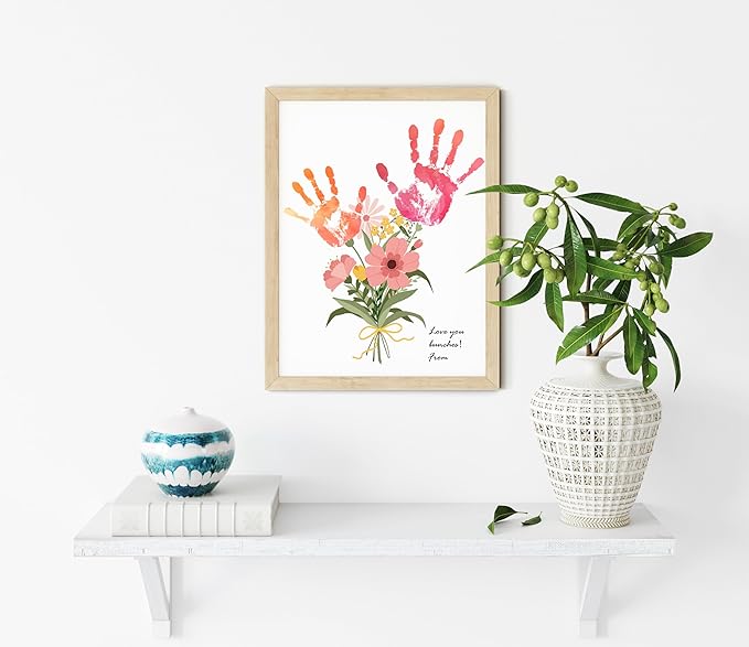TwoDays Flower Bouquet Handprint Art Craft DIY Kit, Unique Gifts for Mom From Daughter or Son for Mother's Day Birthday Christmas, Gift for Grandma.(12" X 16", With Wood Frame)