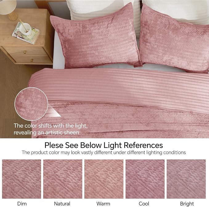BEDELITE Velvet Quilt Set Queen Size - Luxury Soft Velvet Comforter Bedding Set for All Season, Lightweight Quilted Channel Stitch Oversized Bedspread Coverlet with 2 Matching Shams, Rose Pink
