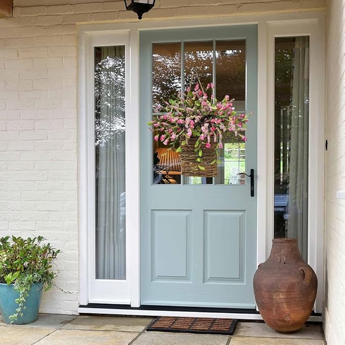 2026 Cream Hydrangea Door Hanger Basket Wreath, Spring Summer Wreaths for Front Door Wildflowers Front Door Basket Wreath Artificial Flower Hanging Basket for Home Farmhouse Seasonal Decor (C)