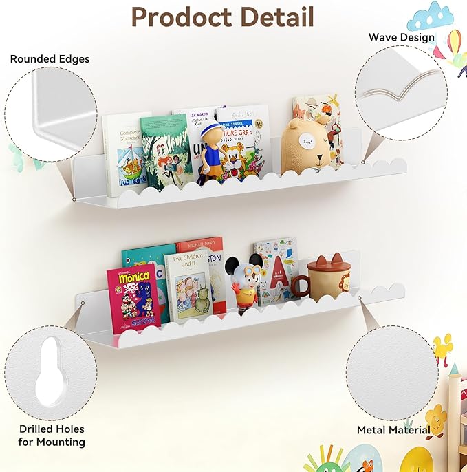 Floating Shelves for Wall, 23 Inch Metal Nursery Book Shelves 4 Pack, Wall Mounted Book Shelf for Kids Room, Bedroom, Bathroom, Playroom Decor （White）