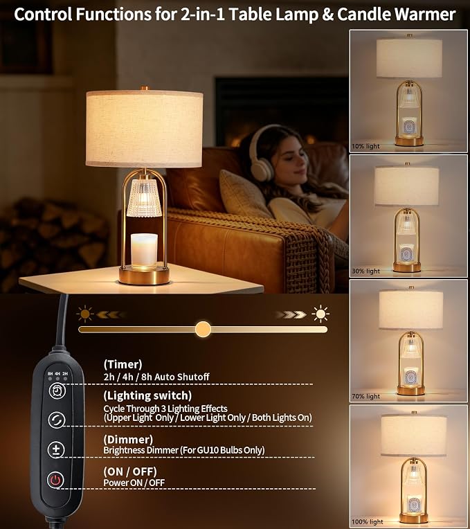 2-in-1 Table Lamp Candle Warmer Lamp with Timer & Dimmer,Large Wax Melt Warmer Modern Bedside Lamp for Bedroom Living Room Home Decor Birthday Gifts for Women D12.5 x H21.2“ Bulbs Included