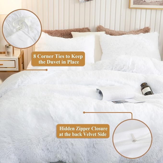 XeGe Plush Shaggy Duvet Cover Set, Luxury Ultra Soft Crystal Velvet Fluffy Bedding Sets 3 Pieces(1 Furry Faux Fur Comforter Cover + 2 Fuzzy Faux Fur Pillowcases), Zipper Closure(Queen, White)