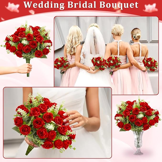 TURNMEON 40 Heads Fake Roses Artificial Flowers for Outdoors Summer Decor, 4 Bouquets UV Resistant Fake Flower Bouquet Faux Silk Roses for Wedding Birthday Party Home Mother's Day Cemetery Decor(Red)