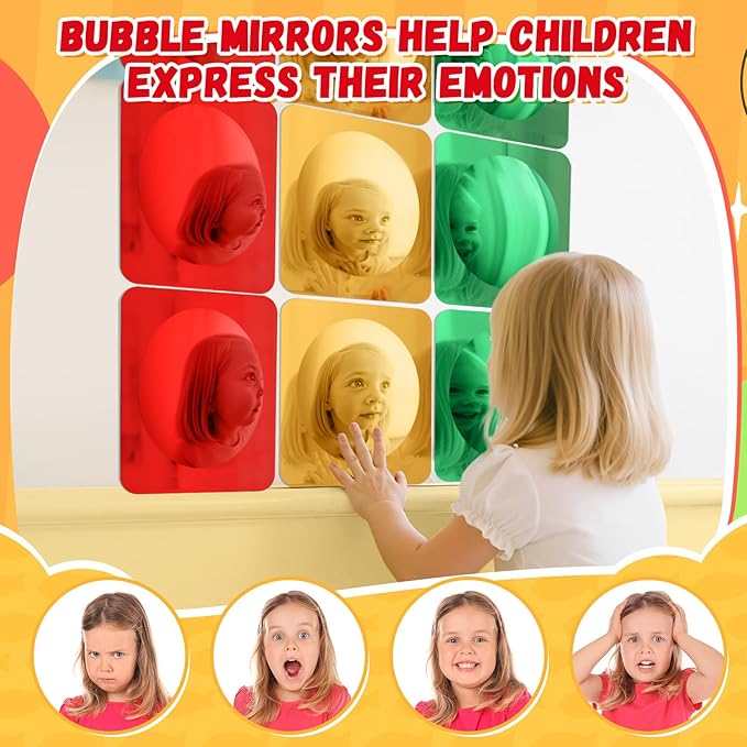 Geiserailie 9 Pcs Sensory Wall Mirror Acrylic Bubble Mirror Toys for Calming Corner Items - Sensory Room Have Visual, Tactile Stimulation (6 x 6 Inch,Red,Yellow,Green)