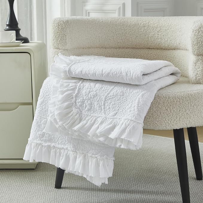Brandream White Ruffle Quilted Throw Blanket Cotton Throws for Bed Couch Daybed 47 X 60 Inch Decorative Blankets
