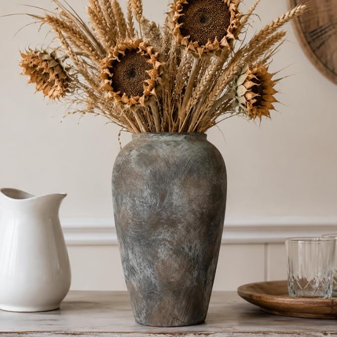 12 Inch Ceramic Rustic Farmhouse Vase, Handmade Pottery Flower Vases for Home Decor, Brown Ceramic Vase for Living Room, Table Centerpieces & Shelf Decor, Wedding Gifts