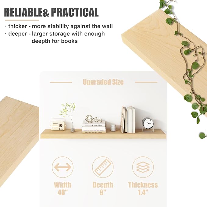 FLYJOE Floating Shelves for Wall, USA-Sourced Maple Wood 48 Inch Long Wall Shelves, Natural Wooden Mounted Picture Ledge Shelf, Nursery Book Storage Shelf Kids Bookshelf, Display Shelf for Bathroom