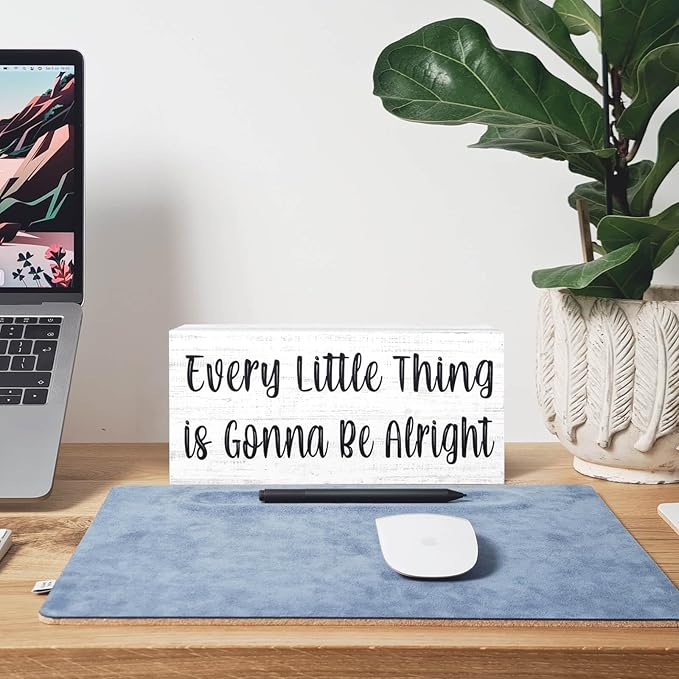 Esur Every Little Thing is Gonna Be Alright Wooden Box Sign - Inspirational Farmhouse Birds Home Desk Shelf Tabletop Wall Decor(White)