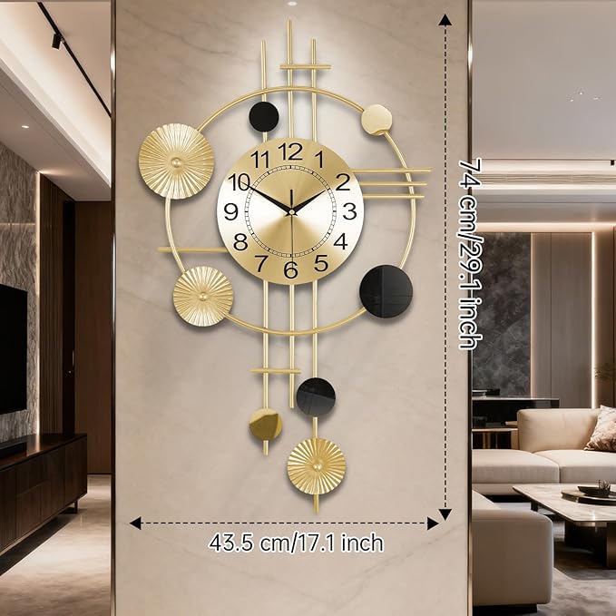 Large Wall Clocks for Living Room,Silent Non Ticking, Battery Operated Oversized Round Modern Wall Clock for Bedroom Farmhouse Office Wall Decor-17.1x29.1Inch(Golden)