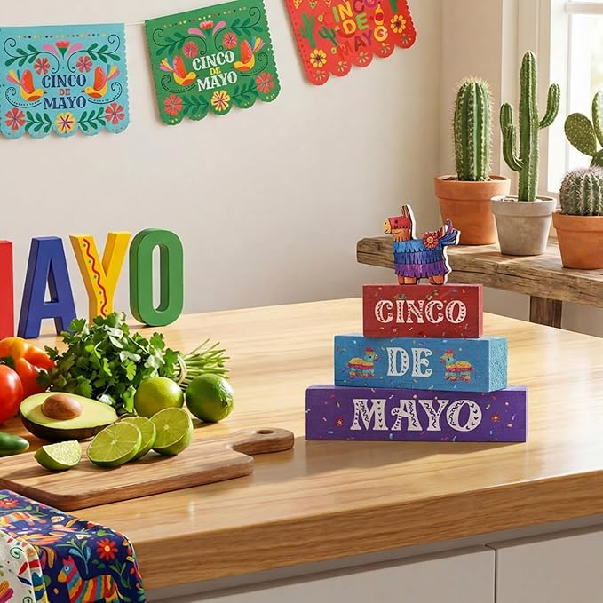 Smile Cinco De Mayo Wooden Block Stack with Piñata Llama Decor, Mexican Fiesta Tiered Tray Tabletop Sign for Cinco De Mayo Party Decorations