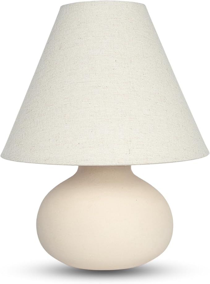 11" Small Table Lamp – Handmade Round Ceramic Cream Base with Off-White Fabric Shade, Dimmable Plug-in Nightstand or Accent Light – Organic Boho Japandi Decor for Bedroom or Small Spaces