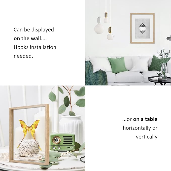 MUYE 12x16 Floating picture Frames Set of 2,Double Glass Frame,Display Any Size Photo up to 12x16,Wall Mount or Tabletop Standing,Natural