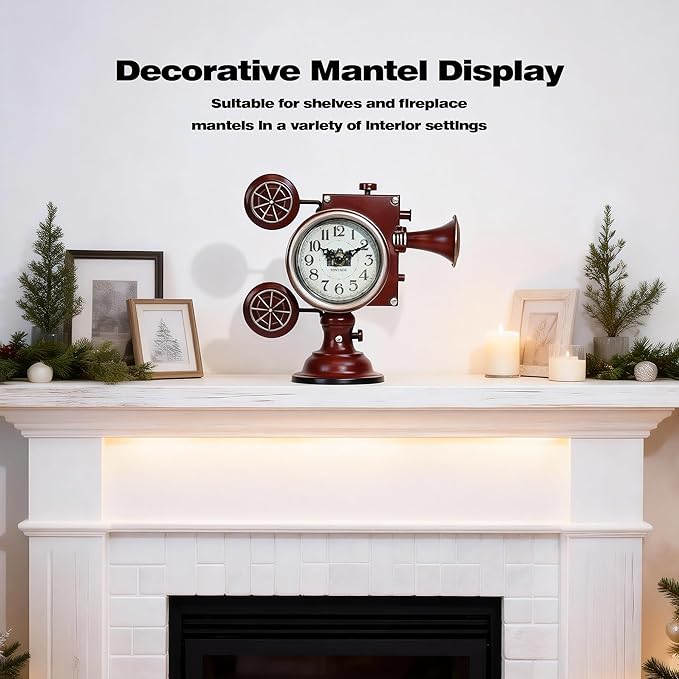 AYRELY® Vintage Industrial Film Projector Mantel Clock, Battery Operated Metal Shelf & Table Clock, Retro Home Décor Gift for Film Lovers, Living Room, Fireplace & Media Room