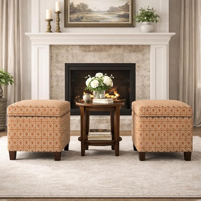 HomePop Upholstered Storage Cube Ottoman with Hinged Lid, Orange Geometric 17" x 17" x 18"