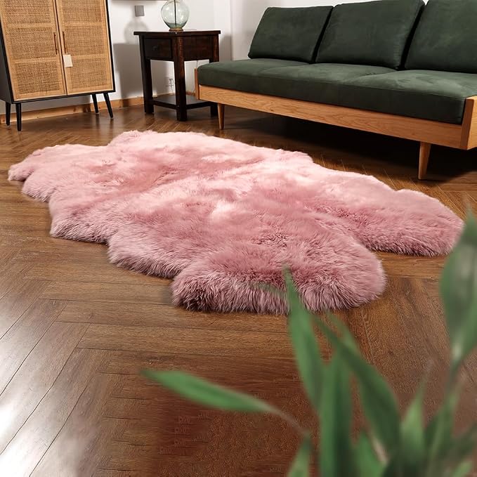 IRIWOOL Premium Genuine Fur Sheepskin Rug Real Australia Sheepskin Natural Luxury Fluffy Lambskin Fur Area Rug Seat Covers for Kids Bedroom Sofa Chair Cover (Light Pink, 4ft x 6ft) …