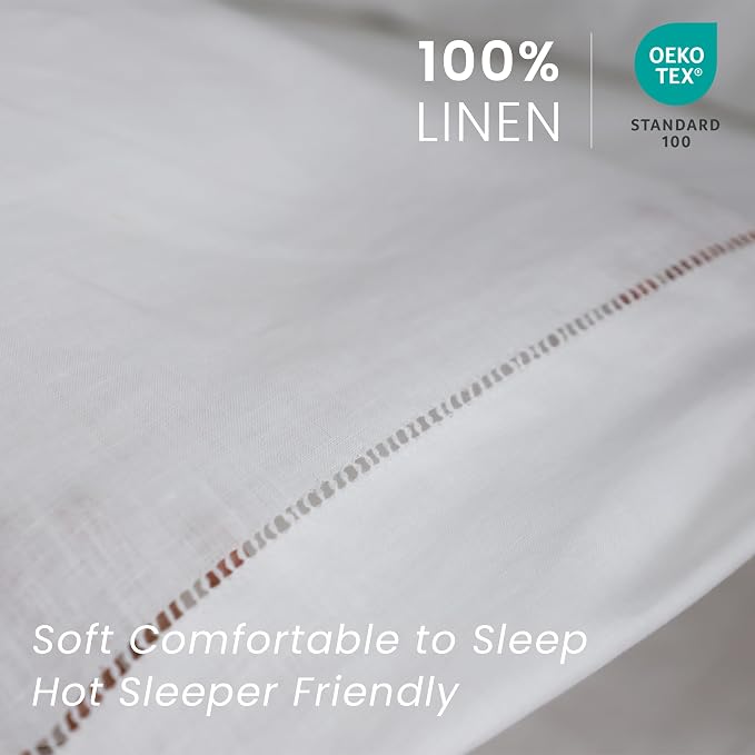 100% French Linen Pillowcases with Handmade Hemstitch Lace - Pack of 2 - Washed Solid Color Natural Flax Soft Breathable - White, 20'' x 40''