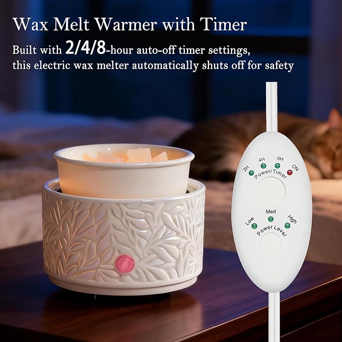 Electric Wax Melt Warmer with Timer & Silicone Liner, 3-in-1 Ceramic Scented Wax Burner for Home Aromatherapy, Fast Melting Fragrance Warmer for Essential Oils & Wax Cups, Flame for Women