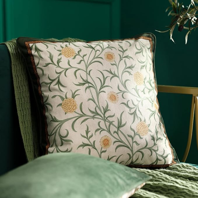 patdrea Designer Vintage Velvet Throw Pillow Cover,Set of 4,-Botticelli | Elegant Lumbar Ruffle Pillow Case with Zipper,Green Floral Pattern,Decor Cushion Coverfor Couch Living Room Bedroom Sofa